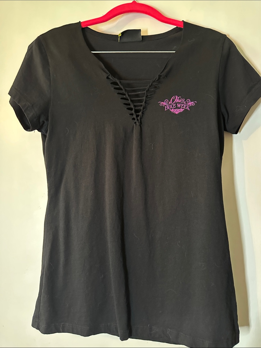 Black Lace‑Up V‑Neck Short Sleeve Tee with Pink Logo